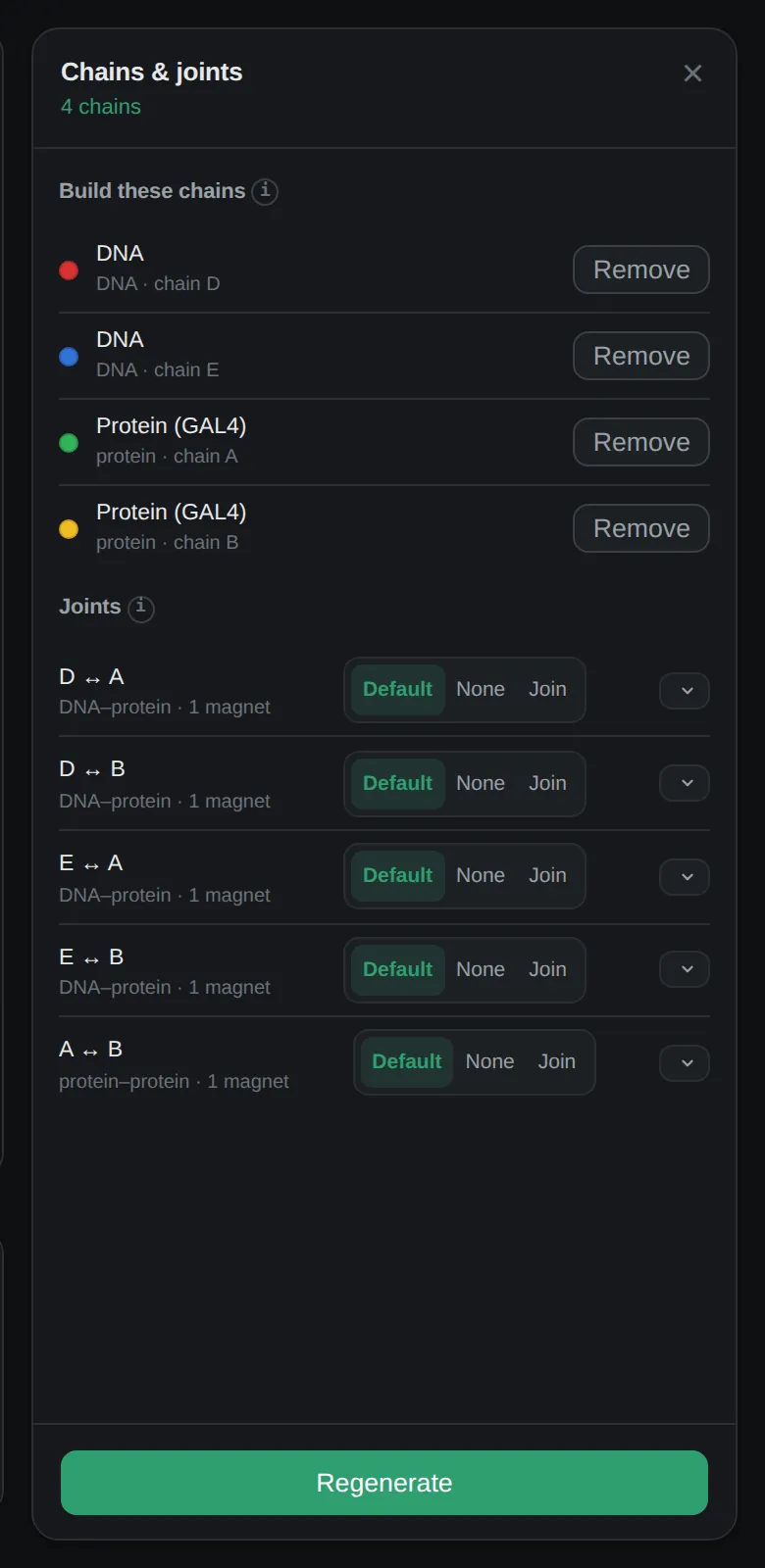The Chains and joints panel: a list of chains with Remove buttons, and a list of joints