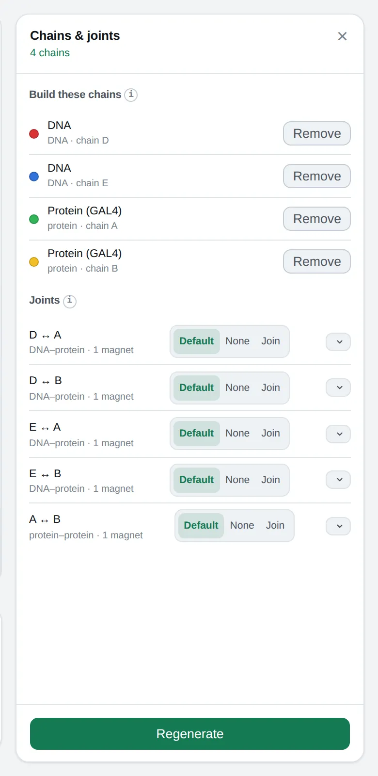 The Chains and joints panel: a list of chains with Remove buttons, and a list of joints