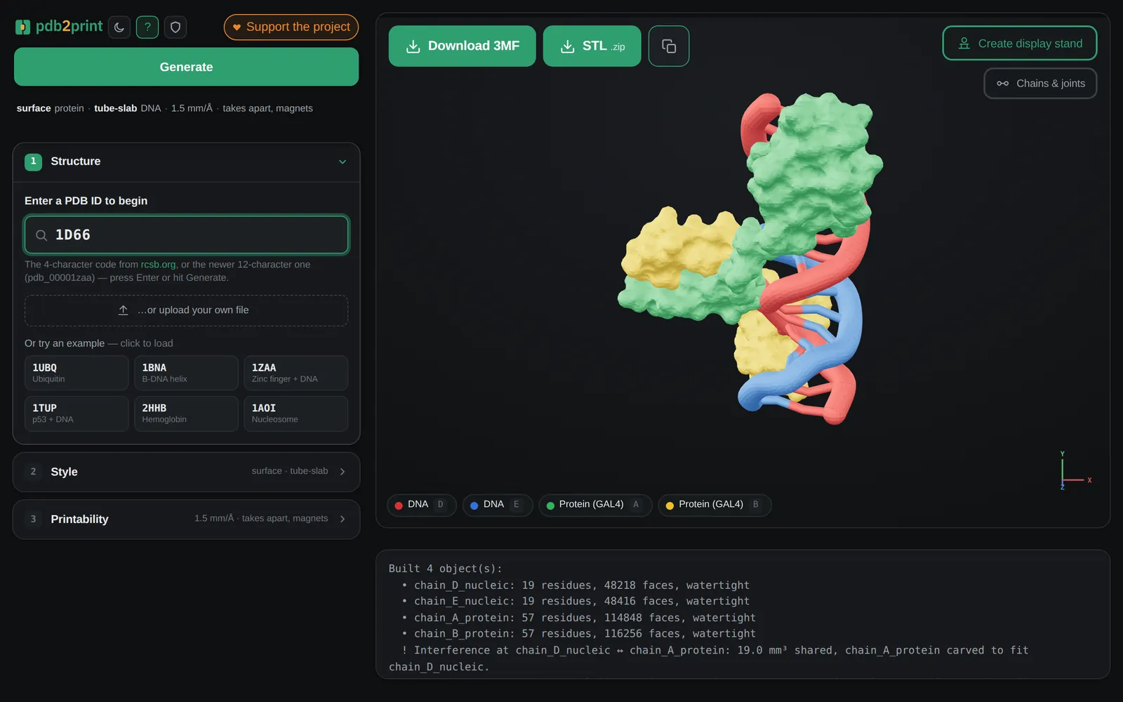 The whole pdb2print page after a build: settings on the left, the 3D preview on the right