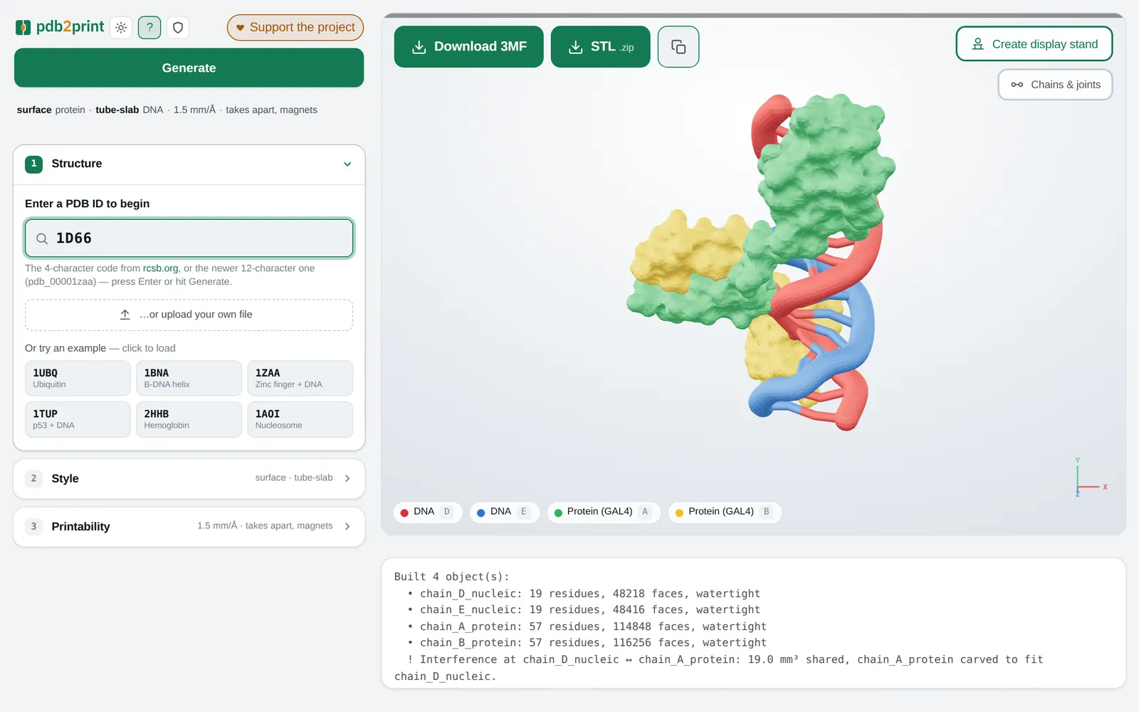 The whole pdb2print page after a build: settings on the left, the 3D preview on the right