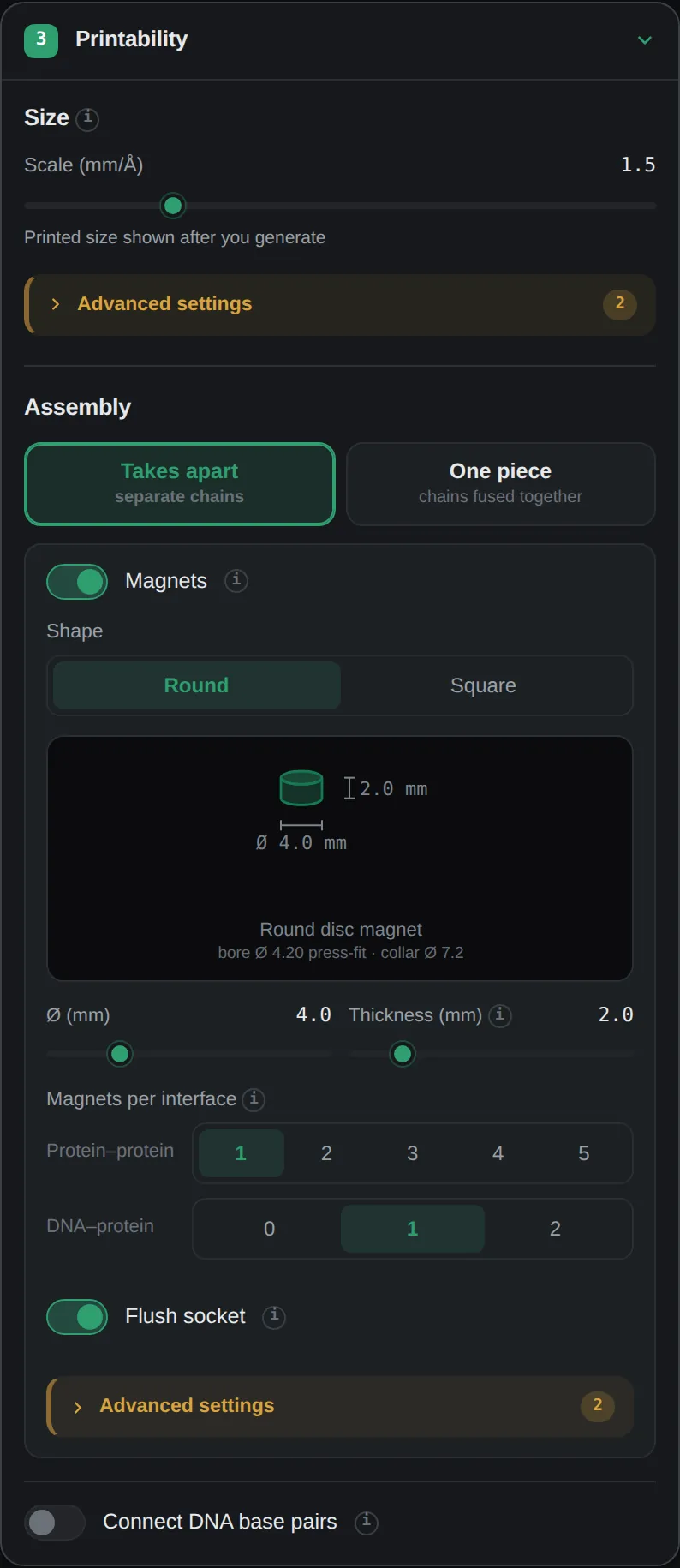 The Printability step: the Scale slider, Assembly choice, and the magnet settings