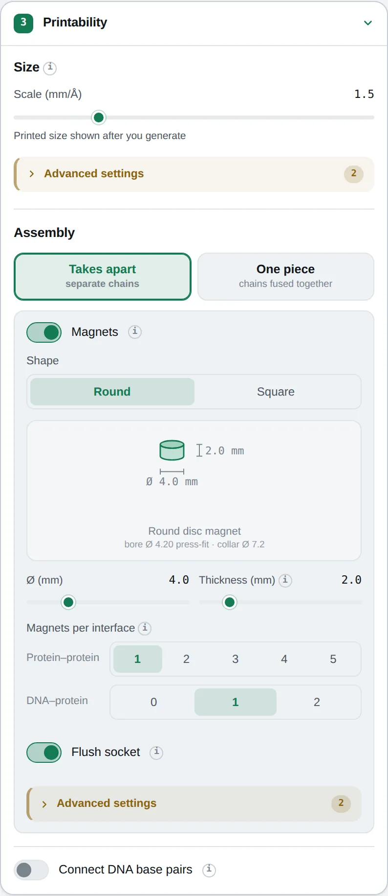The Printability step: the Scale slider, Assembly choice, and the magnet settings