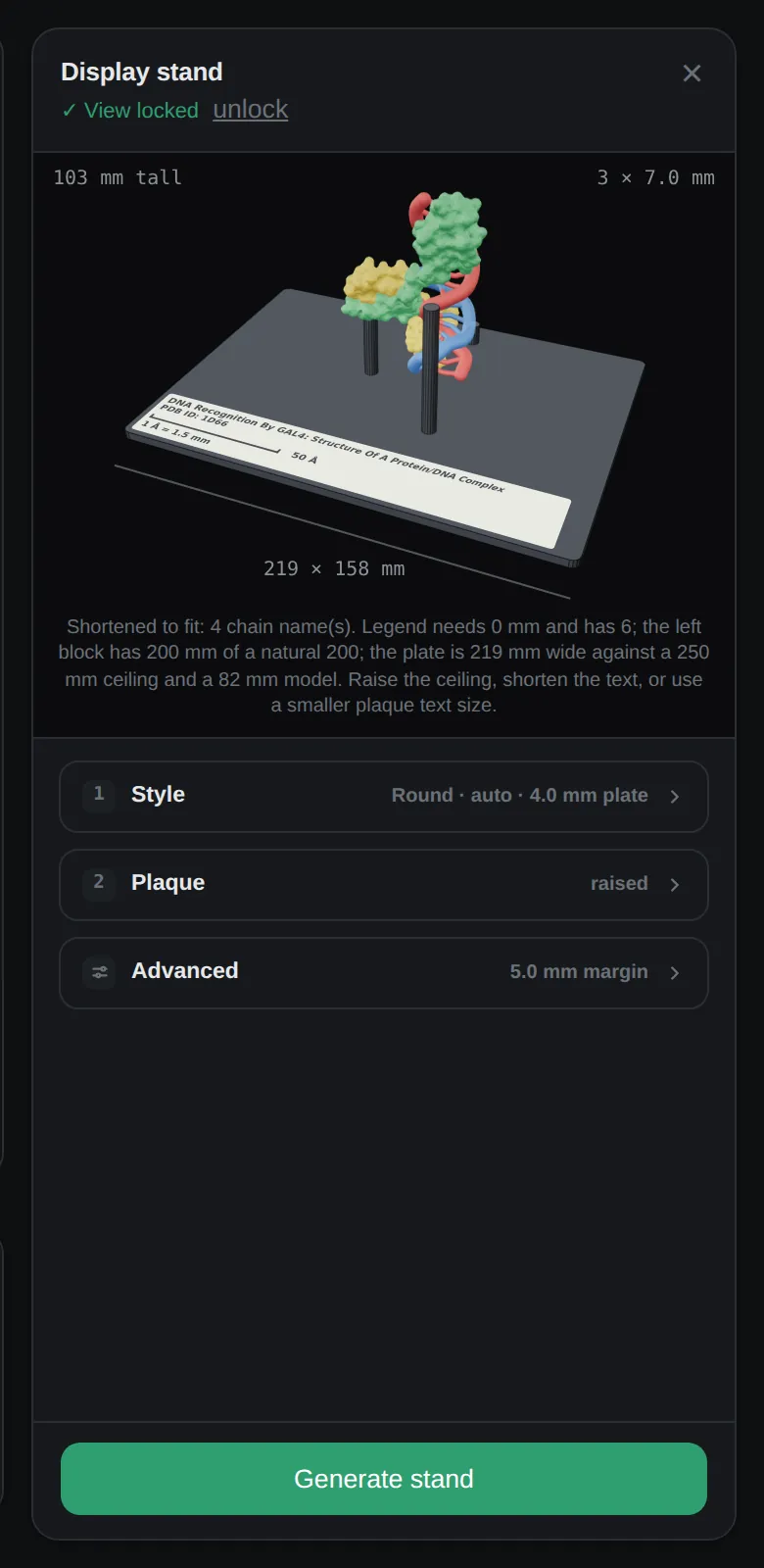 The display stand panel: a live sketch of the stand, three setting sections and a Generate stand button