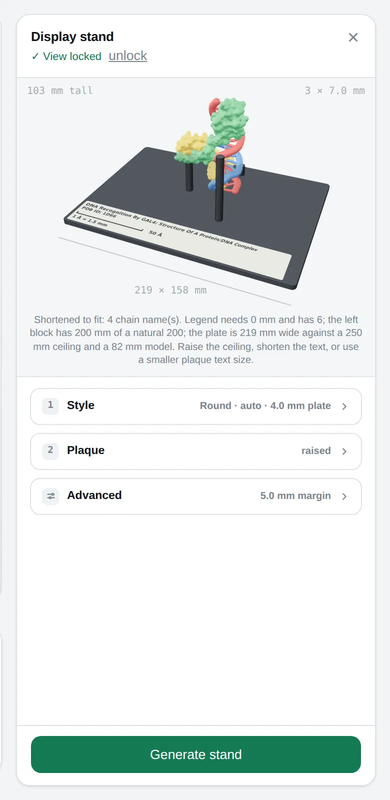The display stand panel: a live sketch of the stand, three setting sections and a Generate stand button