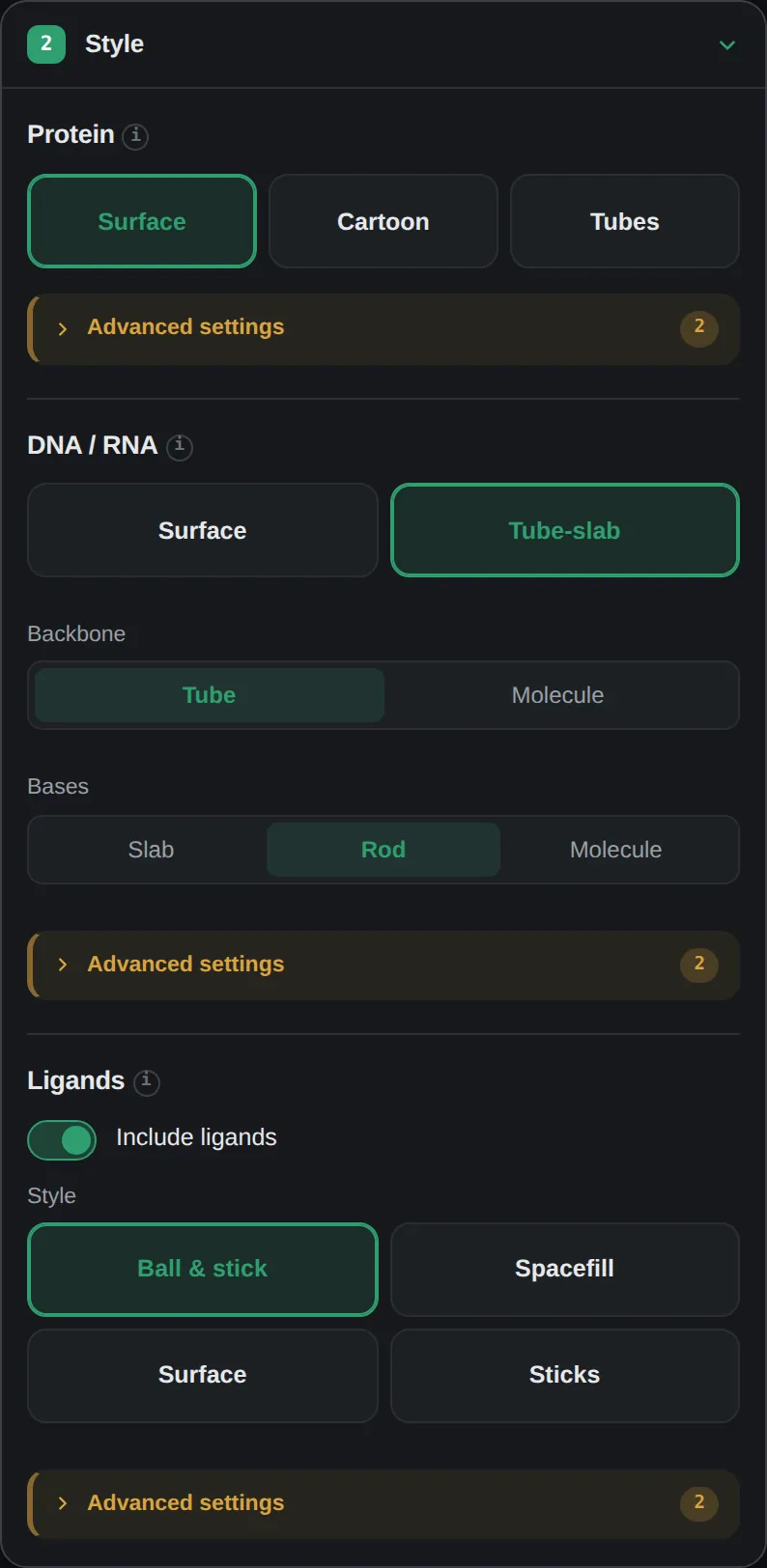 The Style step: buttons for the protein style, the DNA style, and ligands