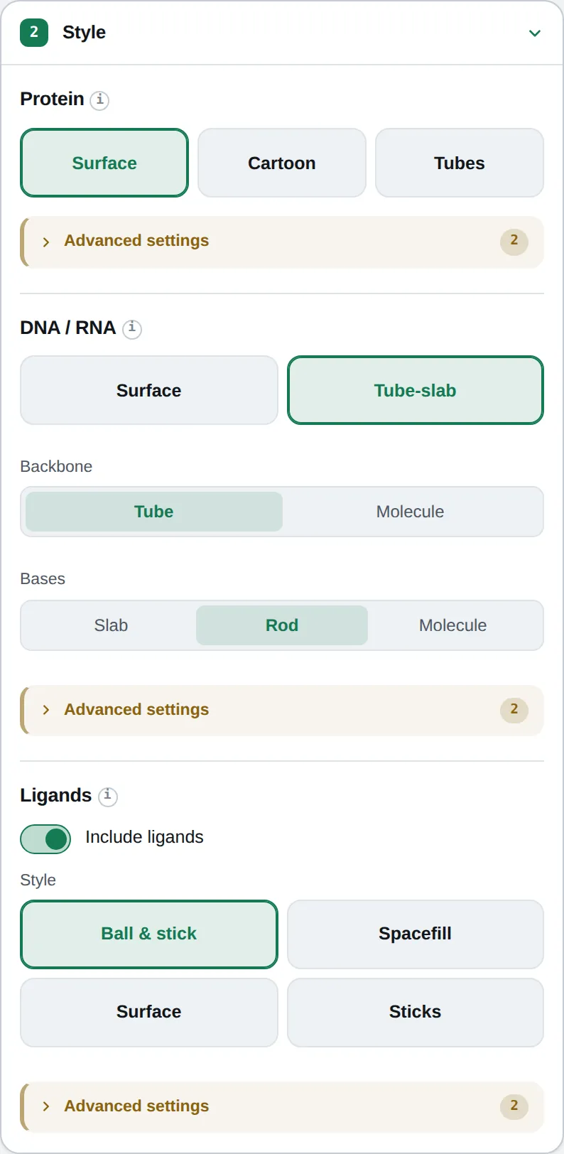 The Style step: buttons for the protein style, the DNA style, and ligands